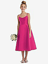 Alt View 1 Thumbnail - Think Pink Adjustable Spaghetti Strap Satin Midi Junior Bridesmaid Dress