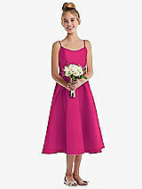 Front View Thumbnail - Think Pink Adjustable Spaghetti Strap Satin Midi Junior Bridesmaid Dress