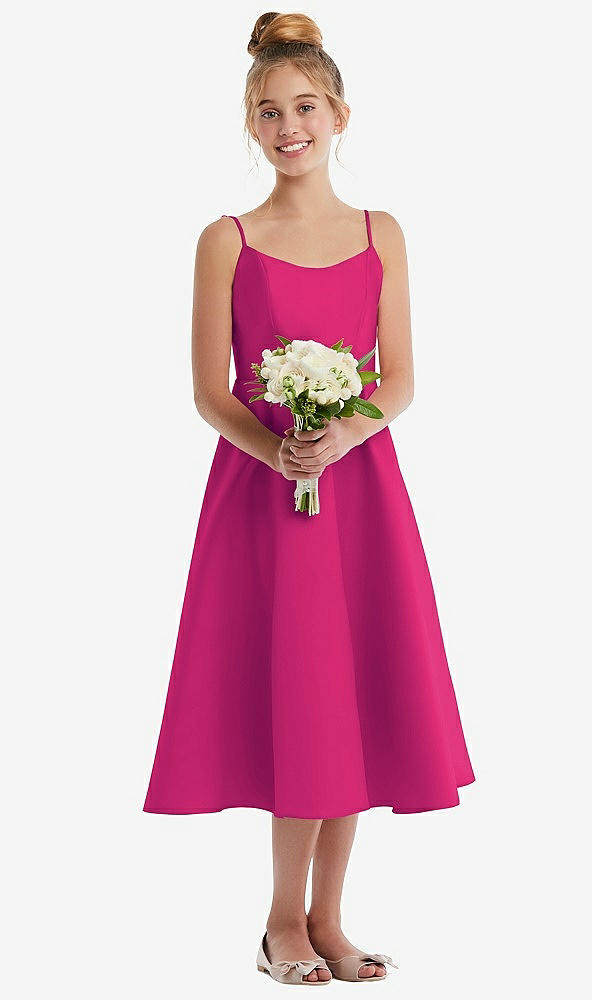 Front View - Think Pink Adjustable Spaghetti Strap Satin Midi Junior Bridesmaid Dress