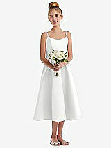 Front View Thumbnail - White Adjustable Spaghetti Strap Satin Midi Junior Bridesmaid Dress
