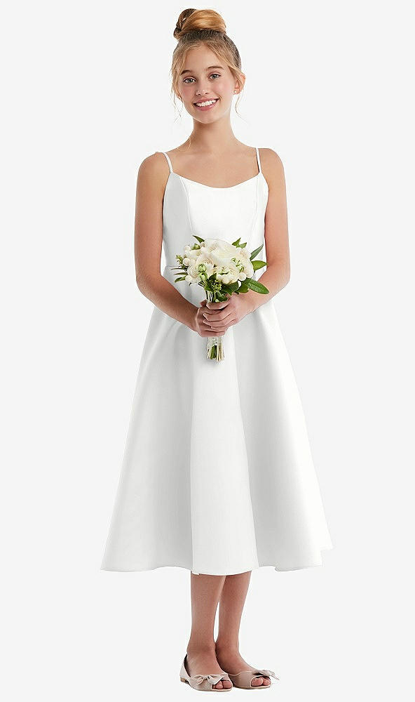 Front View - White Adjustable Spaghetti Strap Satin Midi Junior Bridesmaid Dress