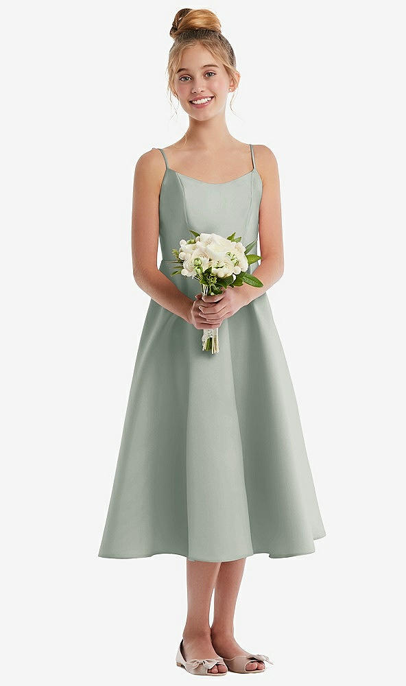 Front View - Willow Green Adjustable Spaghetti Strap Satin Midi Junior Bridesmaid Dress