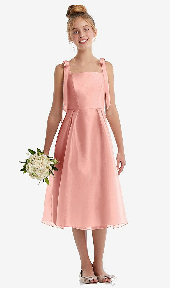 Front View - Apricot Tie Shoulder Pleated Full Skirt Junior Bridesmaid Dress