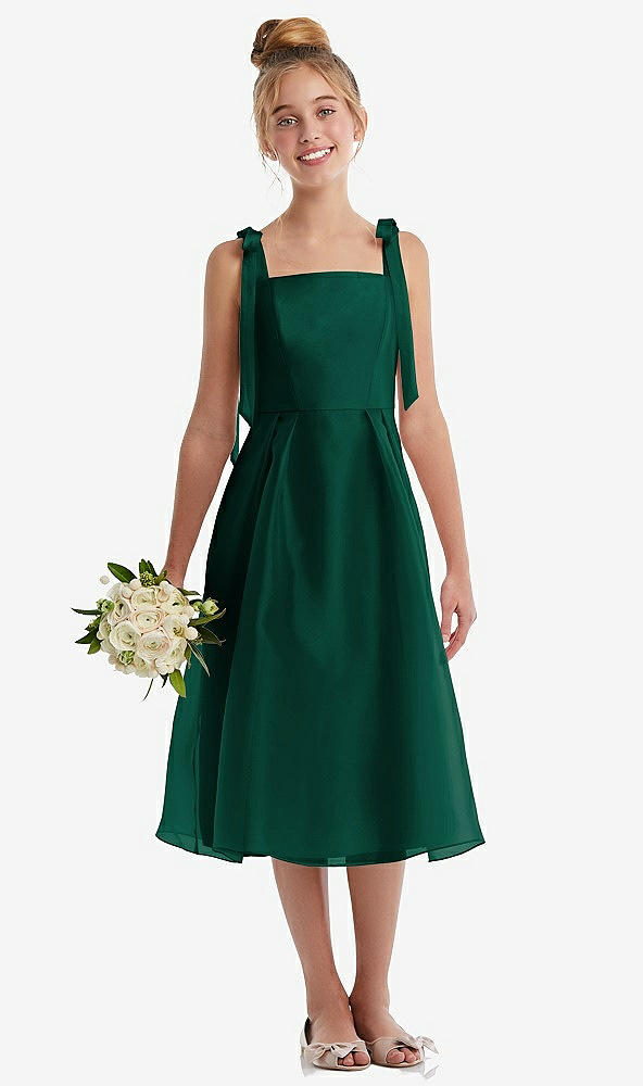 Front View - Hunter Green Tie Shoulder Pleated Full Skirt Junior Bridesmaid Dress