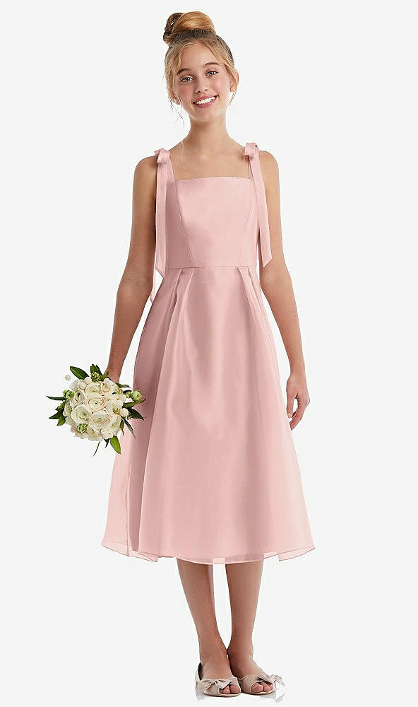 Front View - Rose - PANTONE Rose Quartz Tie Shoulder Pleated Full Skirt Junior Bridesmaid Dress