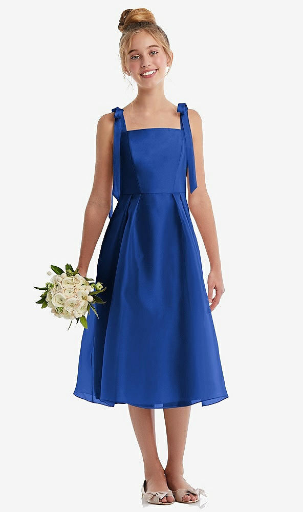 Front View - Sapphire Tie Shoulder Pleated Full Skirt Junior Bridesmaid Dress