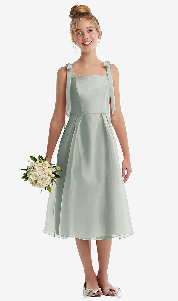 Front View - Willow Green Tie Shoulder Pleated Full Skirt Junior Bridesmaid Dress