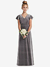 Front View Thumbnail - Caviar Gray Flutter Sleeve Tie Back Velvet Junior Bridesmaid Dress