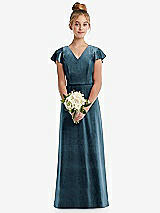Front View Thumbnail - Dutch Blue Flutter Sleeve Tie Back Velvet Junior Bridesmaid Dress