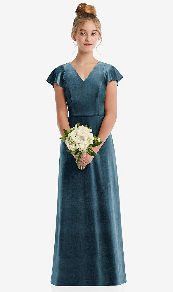 Front View - Dutch Blue Flutter Sleeve Tie Back Velvet Junior Bridesmaid Dress