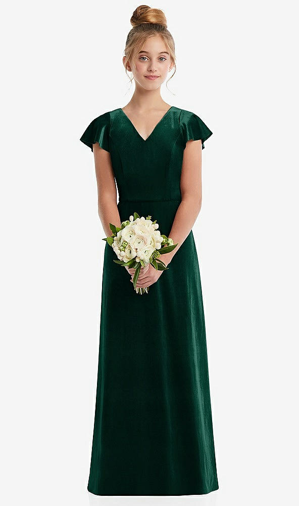 Front View - Evergreen Flutter Sleeve Tie Back Velvet Junior Bridesmaid Dress