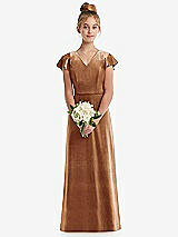 Front View Thumbnail - Golden Almond Flutter Sleeve Tie Back Velvet Junior Bridesmaid Dress
