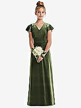 Front View Thumbnail - Olive Green Flutter Sleeve Tie Back Velvet Junior Bridesmaid Dress