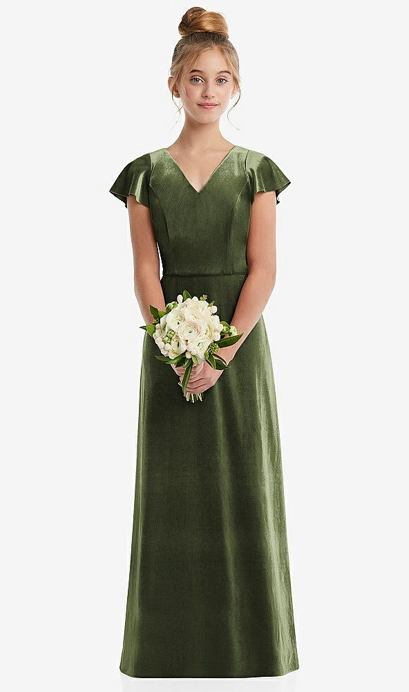 Front View - Olive Green Flutter Sleeve Tie Back Velvet Junior Bridesmaid Dress
