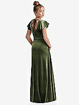 Rear View Thumbnail - Olive Green Flutter Sleeve Tie Back Velvet Junior Bridesmaid Dress