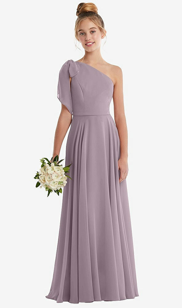 Front View - Lilac Dusk One-Shoulder Scarf Bow Chiffon Junior Bridesmaid Dress