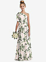Front View Thumbnail - Palm Beach Print One-Shoulder Scarf Bow Chiffon Junior Bridesmaid Dress