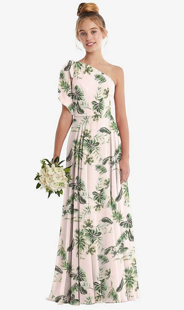 Front View - Palm Beach Print One-Shoulder Scarf Bow Chiffon Junior Bridesmaid Dress