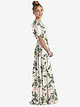 Side View Thumbnail - Palm Beach Print One-Shoulder Scarf Bow Chiffon Junior Bridesmaid Dress