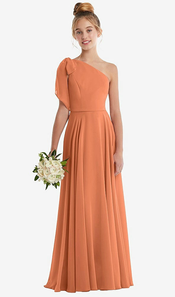 Front View - Sweet Melon One-Shoulder Scarf Bow Chiffon Junior Bridesmaid Dress