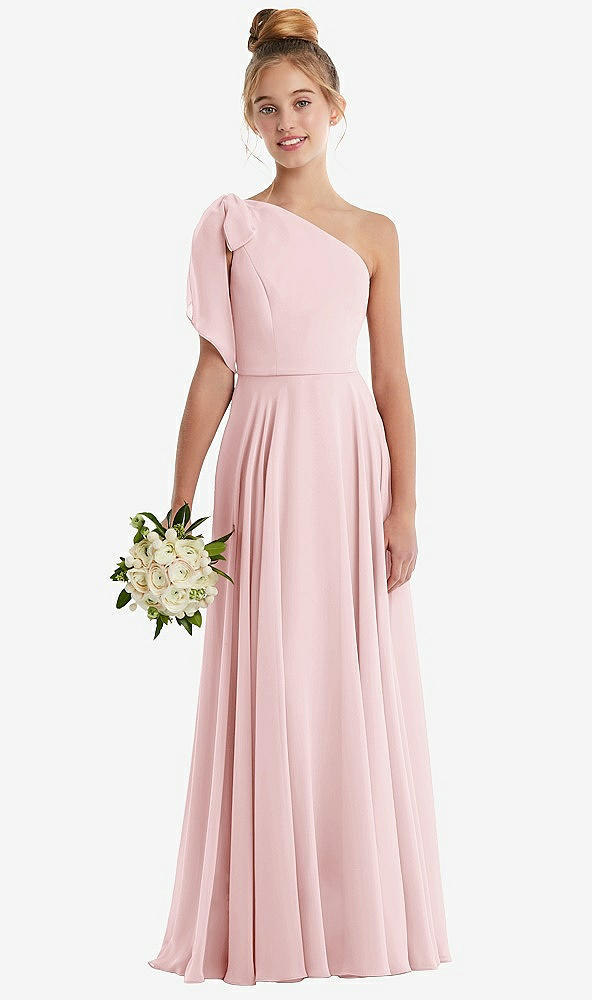 Front View - Ballet Pink One-Shoulder Scarf Bow Chiffon Junior Bridesmaid Dress