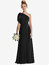 Front View Thumbnail - Black One-Shoulder Scarf Bow Chiffon Junior Bridesmaid Dress