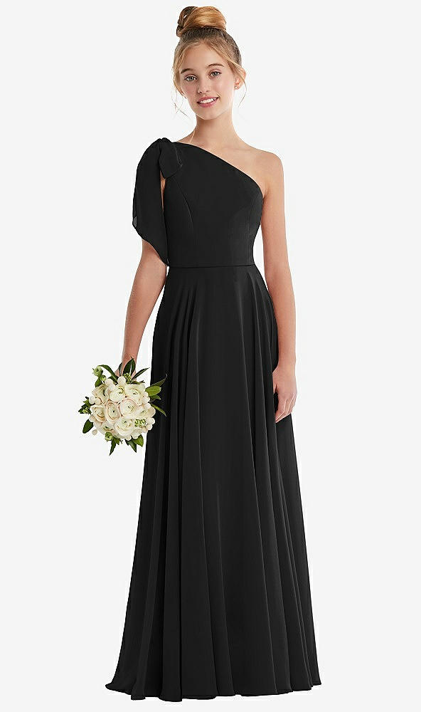 Front View - Black One-Shoulder Scarf Bow Chiffon Junior Bridesmaid Dress