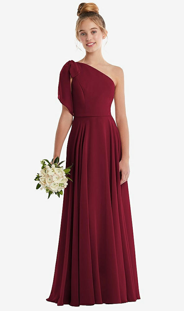 Front View - Burgundy One-Shoulder Scarf Bow Chiffon Junior Bridesmaid Dress