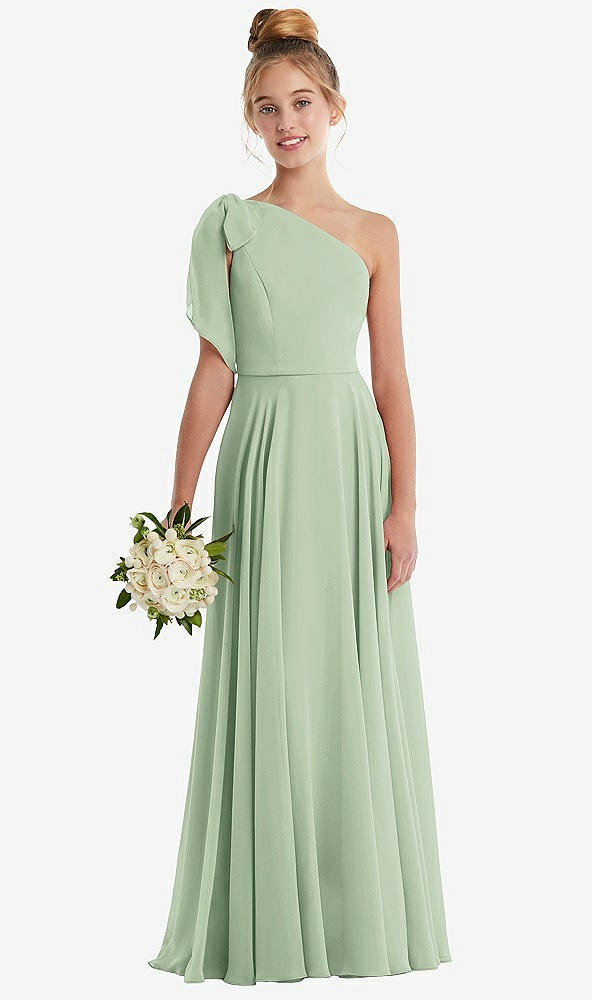 Front View - Celadon One-Shoulder Scarf Bow Chiffon Junior Bridesmaid Dress