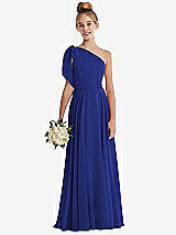 Front View Thumbnail - Cobalt Blue One-Shoulder Scarf Bow Chiffon Junior Bridesmaid Dress