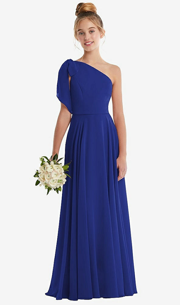 Front View - Cobalt Blue One-Shoulder Scarf Bow Chiffon Junior Bridesmaid Dress