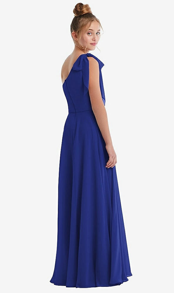 Back View - Cobalt Blue One-Shoulder Scarf Bow Chiffon Junior Bridesmaid Dress