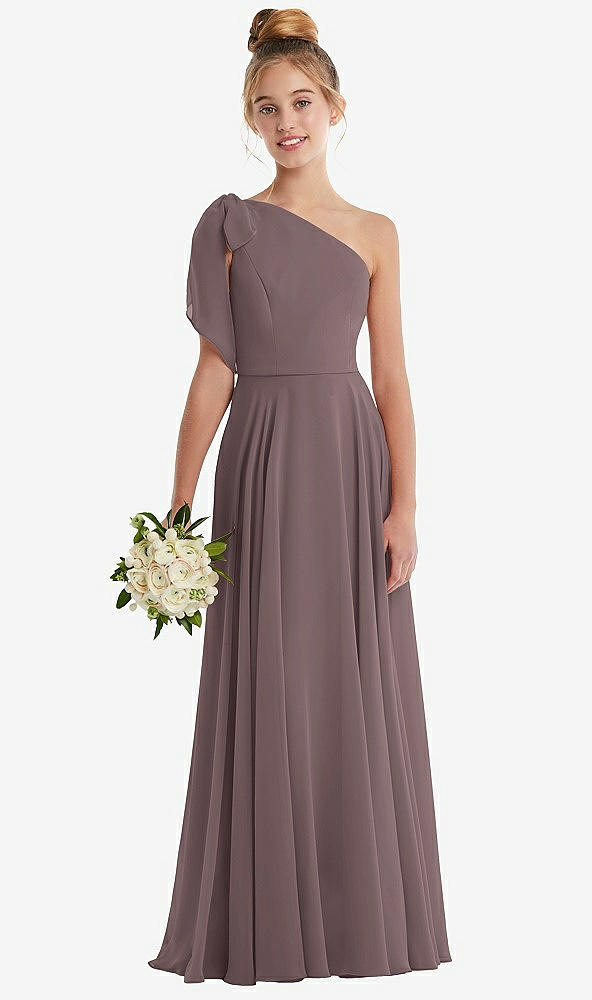 Front View - French Truffle One-Shoulder Scarf Bow Chiffon Junior Bridesmaid Dress