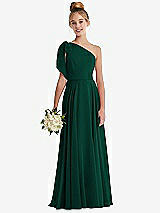 Front View Thumbnail - Hunter Green One-Shoulder Scarf Bow Chiffon Junior Bridesmaid Dress