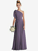 Front View Thumbnail - Lavender One-Shoulder Scarf Bow Chiffon Junior Bridesmaid Dress