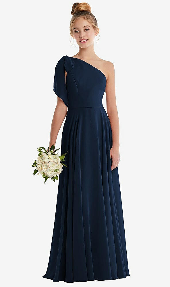 Front View - Midnight Navy One-Shoulder Scarf Bow Chiffon Junior Bridesmaid Dress