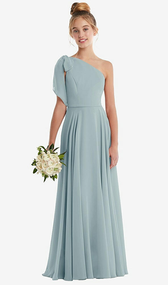 Front View - Morning Sky One-Shoulder Scarf Bow Chiffon Junior Bridesmaid Dress