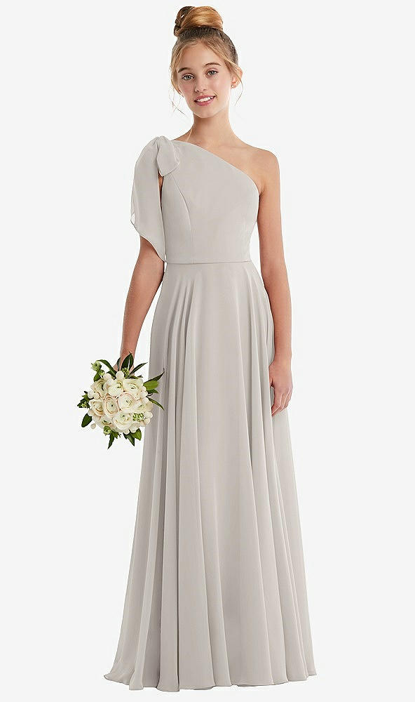 Front View - Oyster One-Shoulder Scarf Bow Chiffon Junior Bridesmaid Dress