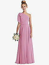 Front View Thumbnail - Powder Pink One-Shoulder Scarf Bow Chiffon Junior Bridesmaid Dress