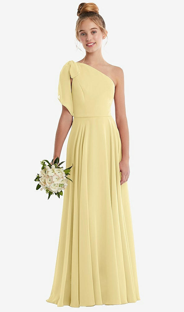 Front View - Pale Yellow One-Shoulder Scarf Bow Chiffon Junior Bridesmaid Dress