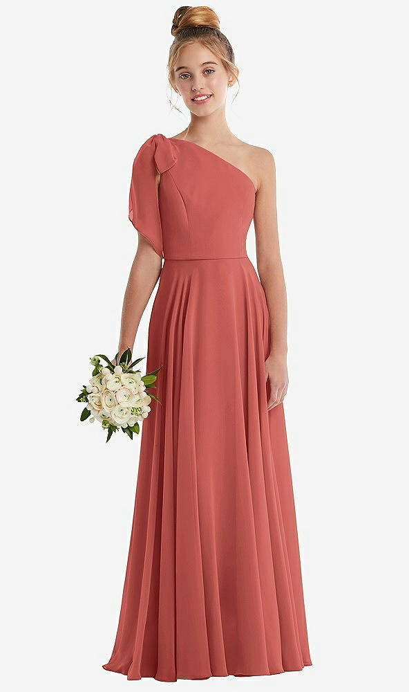 Front View - Coral Pink One-Shoulder Scarf Bow Chiffon Junior Bridesmaid Dress
