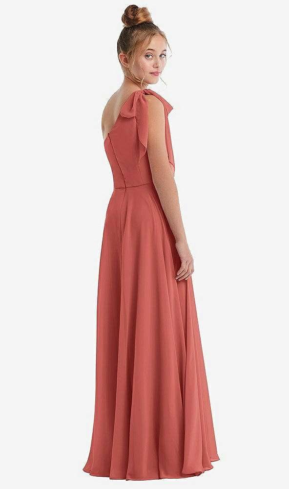 Back View - Coral Pink One-Shoulder Scarf Bow Chiffon Junior Bridesmaid Dress
