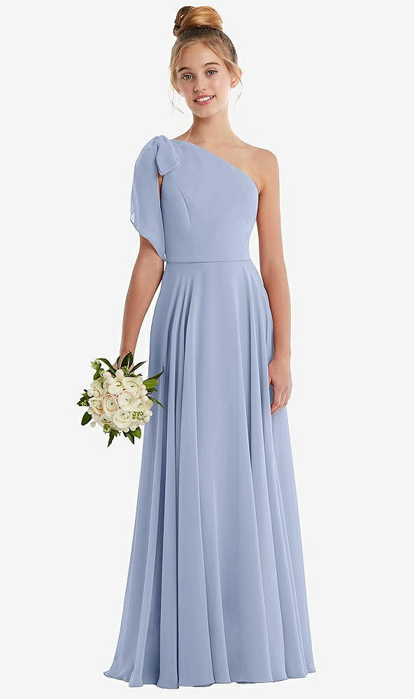 Front View - Sky Blue One-Shoulder Scarf Bow Chiffon Junior Bridesmaid Dress