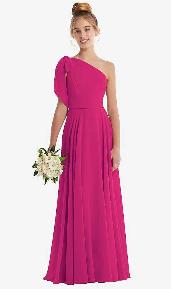 Front View - Think Pink One-Shoulder Scarf Bow Chiffon Junior Bridesmaid Dress