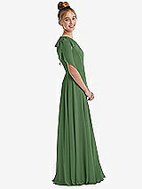 Side View Thumbnail - Vineyard Green One-Shoulder Scarf Bow Chiffon Junior Bridesmaid Dress