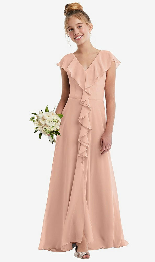 Front View - Pale Peach Cascading Ruffle Full Skirt Chiffon Junior Bridesmaid Dress