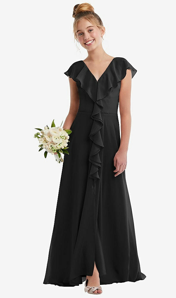 Front View - Black Cascading Ruffle Full Skirt Chiffon Junior Bridesmaid Dress