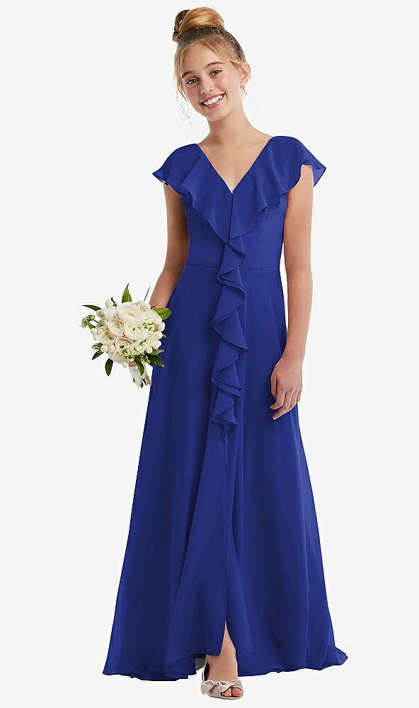 Front View - Cobalt Blue Cascading Ruffle Full Skirt Chiffon Junior Bridesmaid Dress