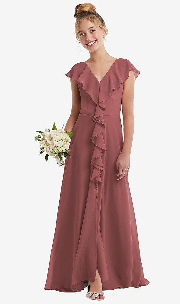 Front View - English Rose Cascading Ruffle Full Skirt Chiffon Junior Bridesmaid Dress