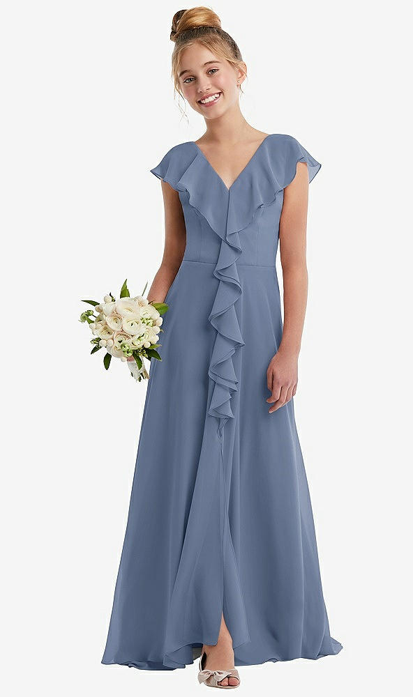 Front View - Larkspur Blue Cascading Ruffle Full Skirt Chiffon Junior Bridesmaid Dress